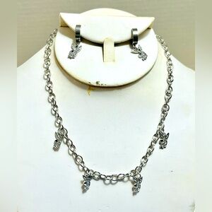 Bunny, necklace and earring, set silver tone